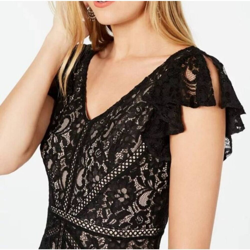 Taylor Black Lace over Nude Lining Flutter Sleeve, High Low Dress, NWT, Sz. 18W